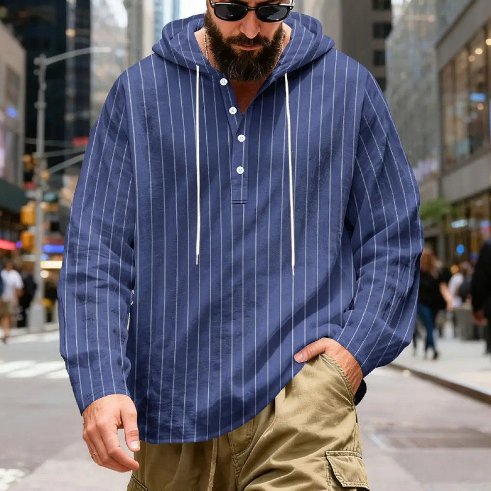 Mens Long Sleeve Striped Hooded Shirt Casual Linen Breathable Tops Spring Autumn Fashion Comfortable Pullover Urban Wear