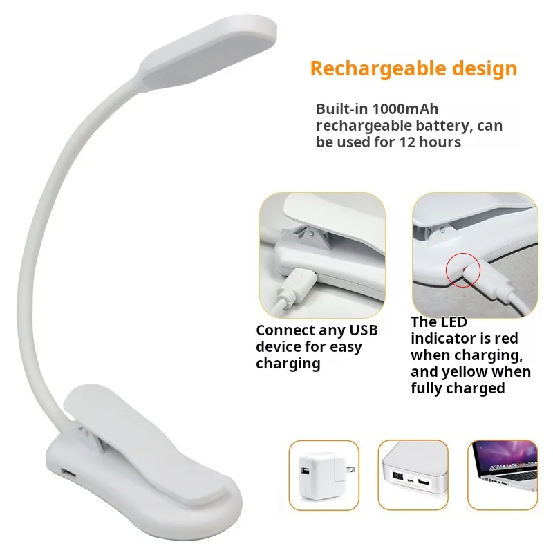 Rechargeable Book Light Mini LED Reading Light 3-Level Warm Cool White Flexible Easy Clip Lamp Read Night Reading Lamp in Bed