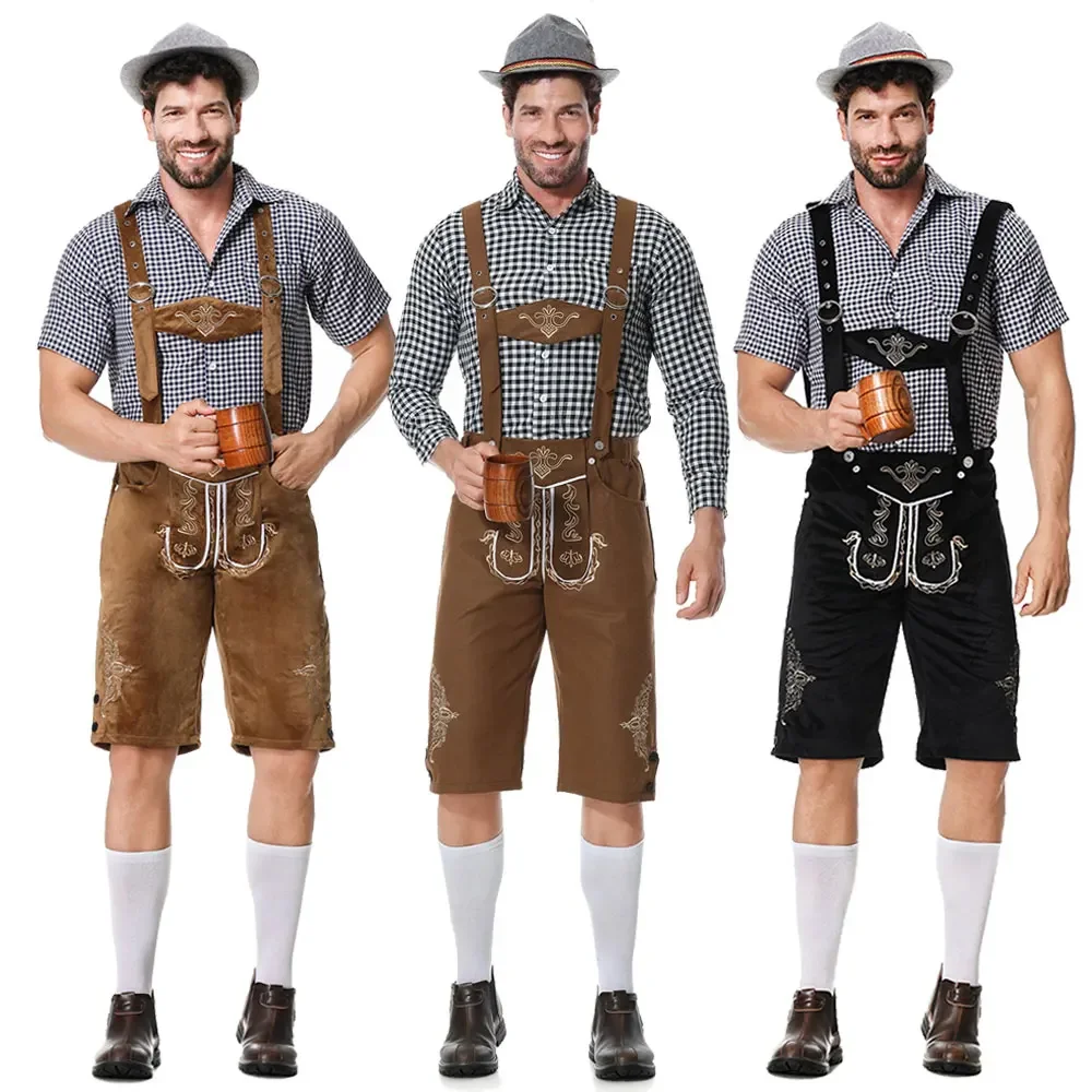 Bavarian Plaid Shirt and Suspenders Set Lederhosen Bavarian Oktoberfest Cosplay Costume Male Oktoberfest Costumes 3pcs Set