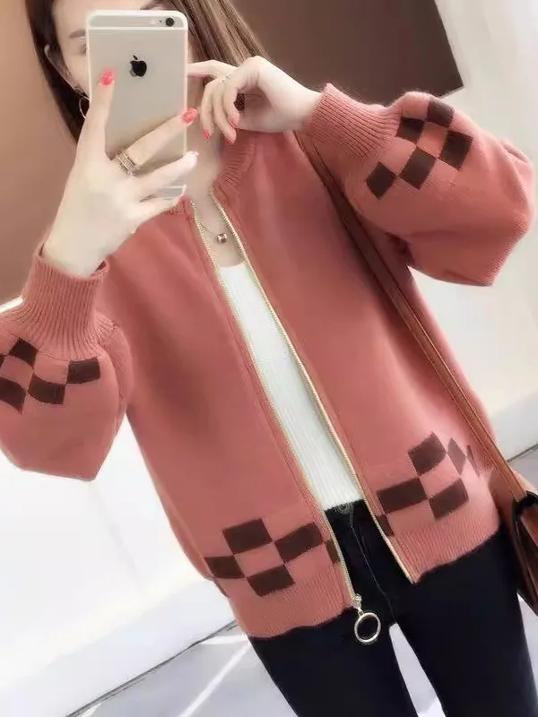 Spring Autumn Short Knitted Open Cardigan Loose Lantern Sleeve Women's Outerwear Fashion Korean Style Color Block Design