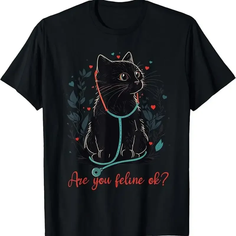 

Funny Cat Veterinarian Stethoscope Are You Feline Ok Graphic Tee Soft Cotton T-Shirt