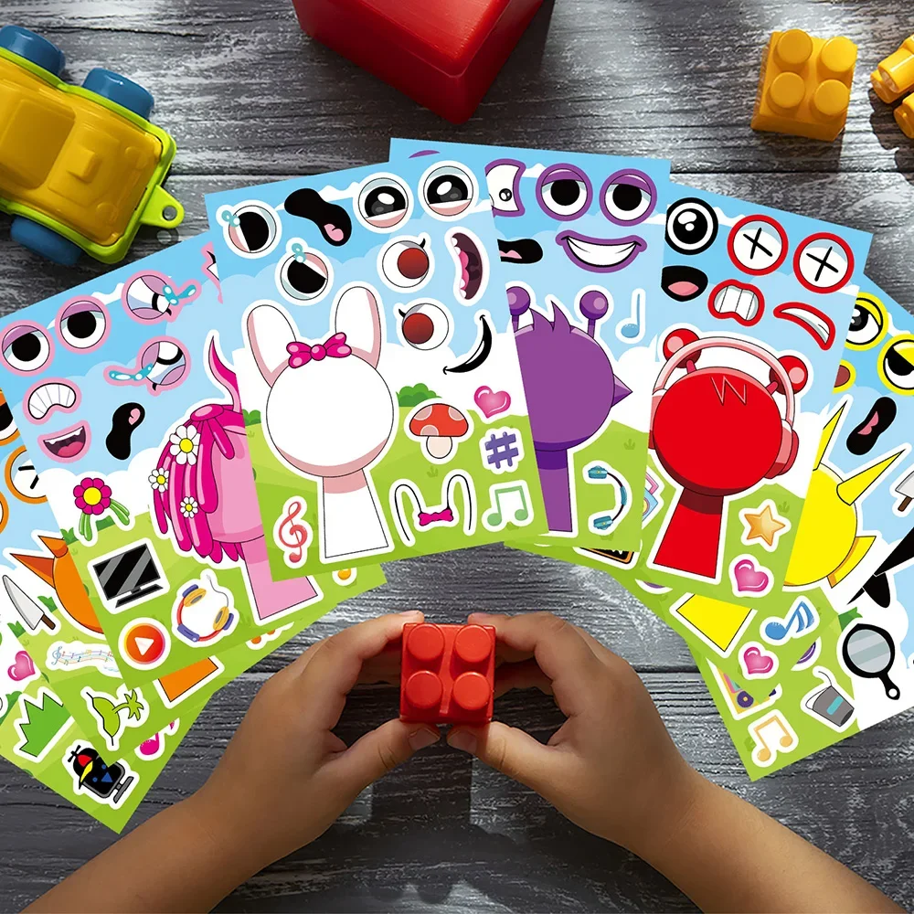 8/16 ورقة Incredibox Sprunki مضحك لغز ملصق جعل وجه الشارات لعبة أطفال اللعب الكرتون تجميع بانوراما الأطفال هدية حفلة