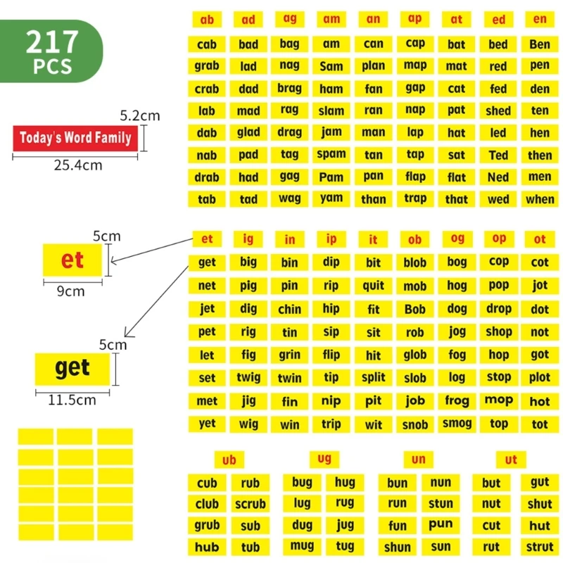 K1AA Word Family Pocket Chart Wykres budowania słów 217 kartami do klasy Przedszkole Nauczanie domu Materiał do nauki