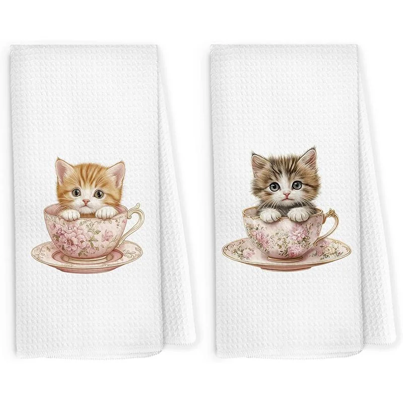 2-Pack Pink Floral Tea Cup with Cute Kitten Print Design Kitchen Towel, 100% Microfiber Knit Fabric, Modern Rectangular Shape, Machine Washable, Ultra-Fine Weave, Cartoon-Themed Decorative Dish Towel, Perfect for Housewarming, a Gift for Mom and Friends