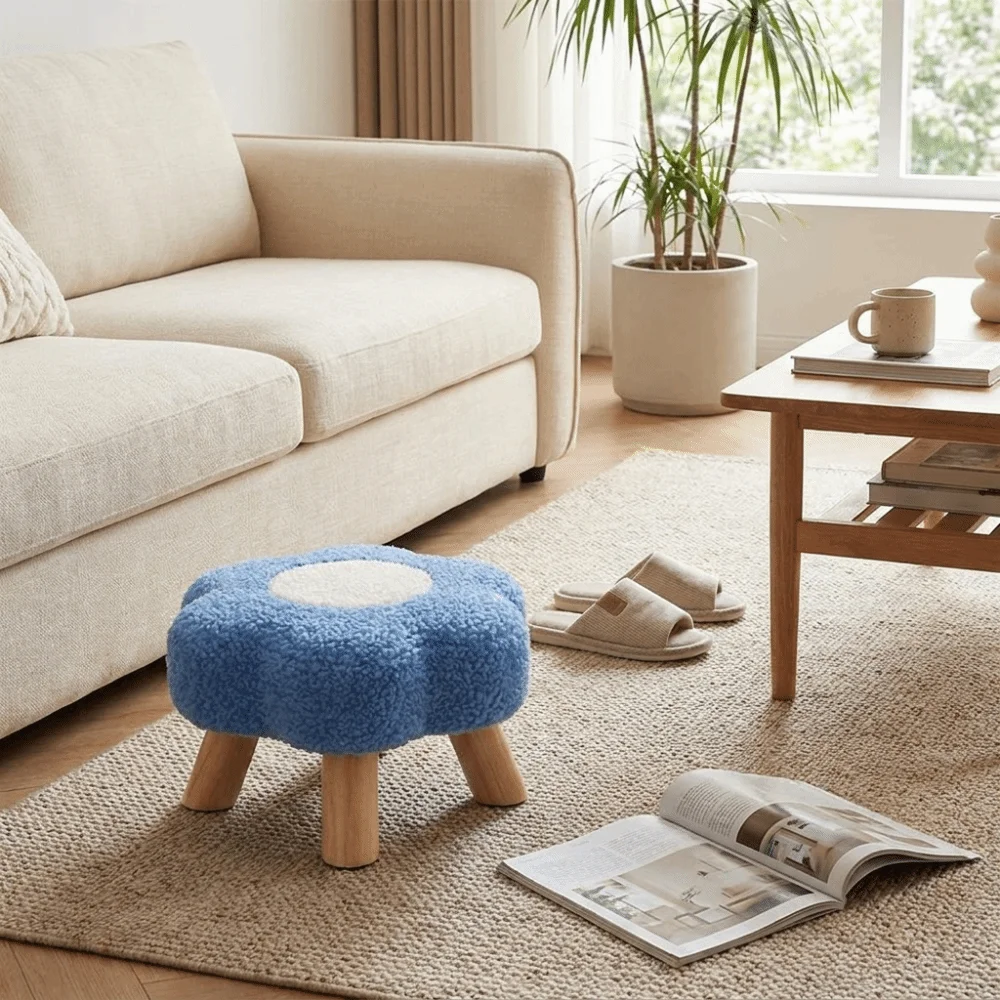 Solid Wood Low Stool Soft Padded Low Profile Foot Rest Stool Compact Design Thick Padding Kids Sitting Stool Indoor Scenes