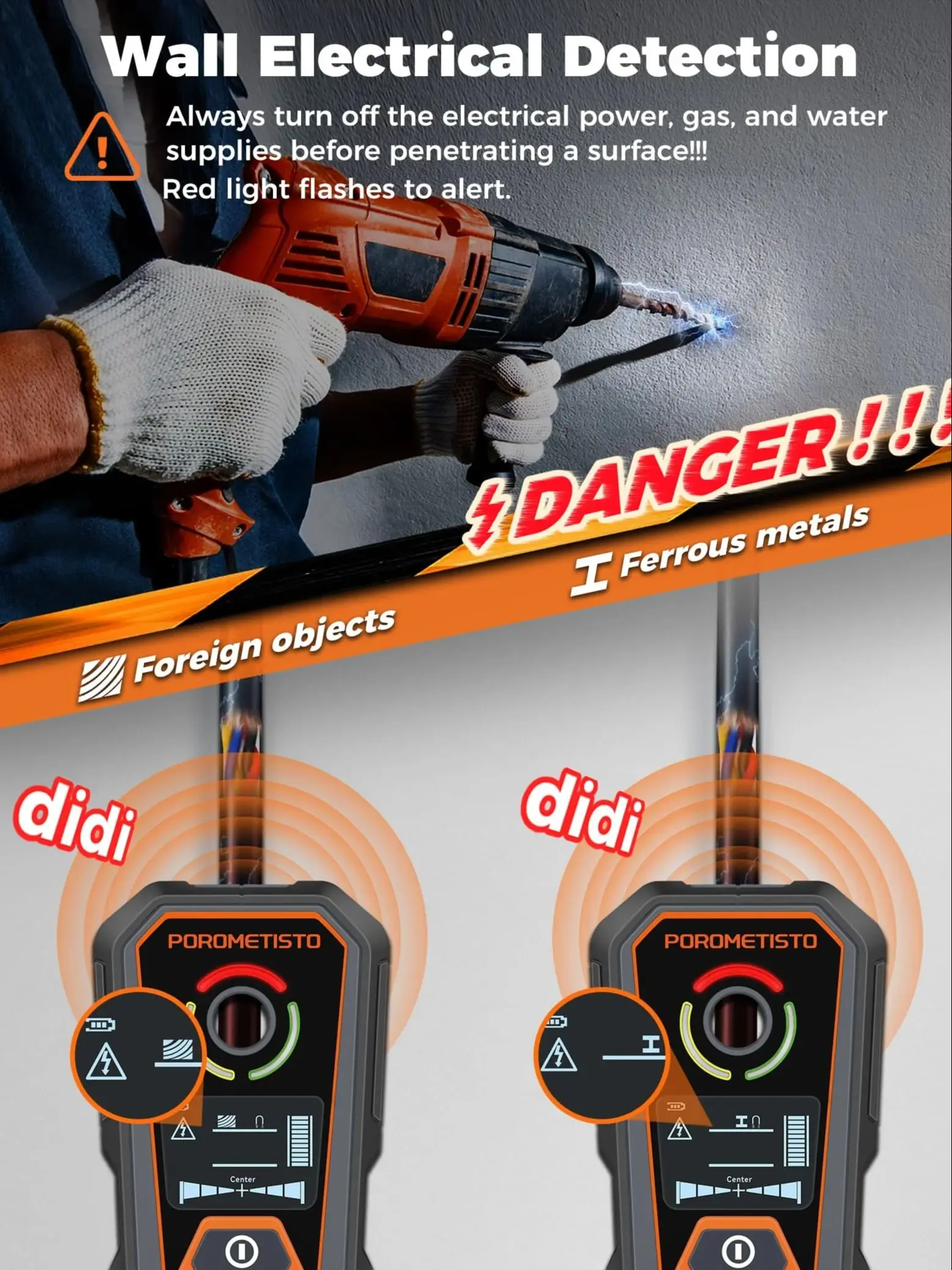 DSF02 6-in-1 Wandscanner Typ-C Wiederaufladbarer Balkensucher mit Tiefensmodi, AC-Kabel-, Metall- und Rohrerkennung für sicheres Bohren