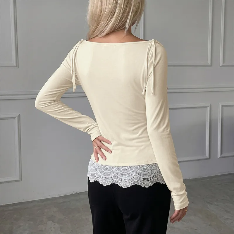 Women's Lace Trim Bodycon Cowl Neck Solid Color Knit Slim Fit Casual Pullover Blouse with Feminine Lace Accents and Draped Cowl