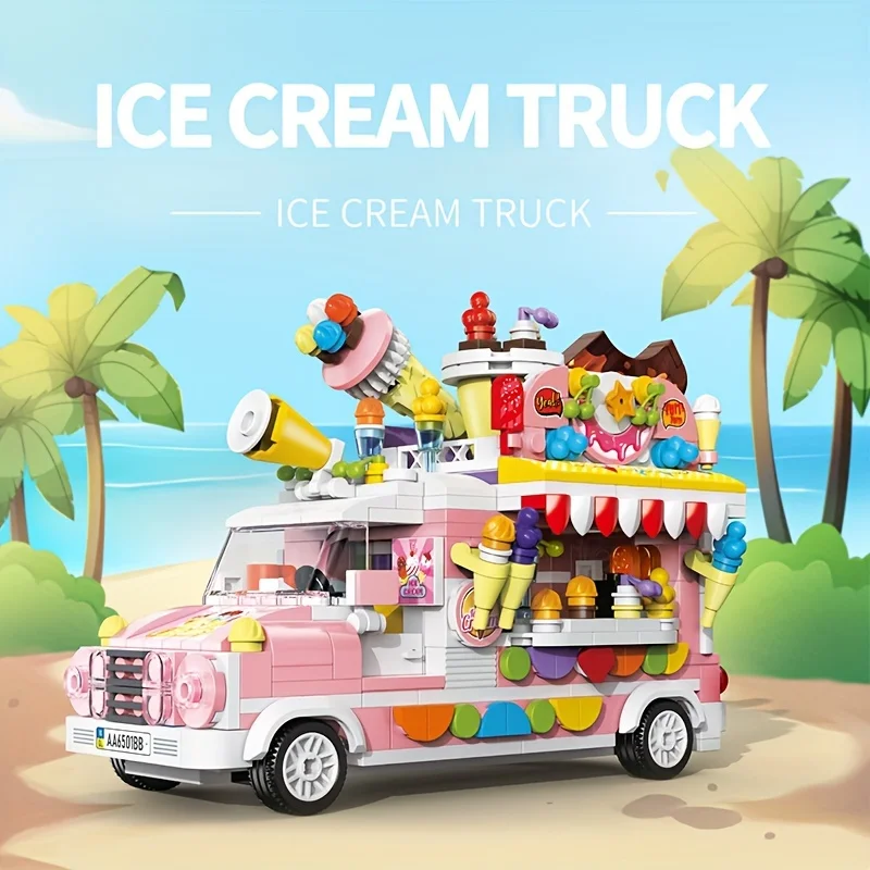 Sunflower Car Ice Cream Pizza Car Flower Tricycle Building Blocks Mini Particle Car Model Bricks Kids DIY Educational Toy Gifts