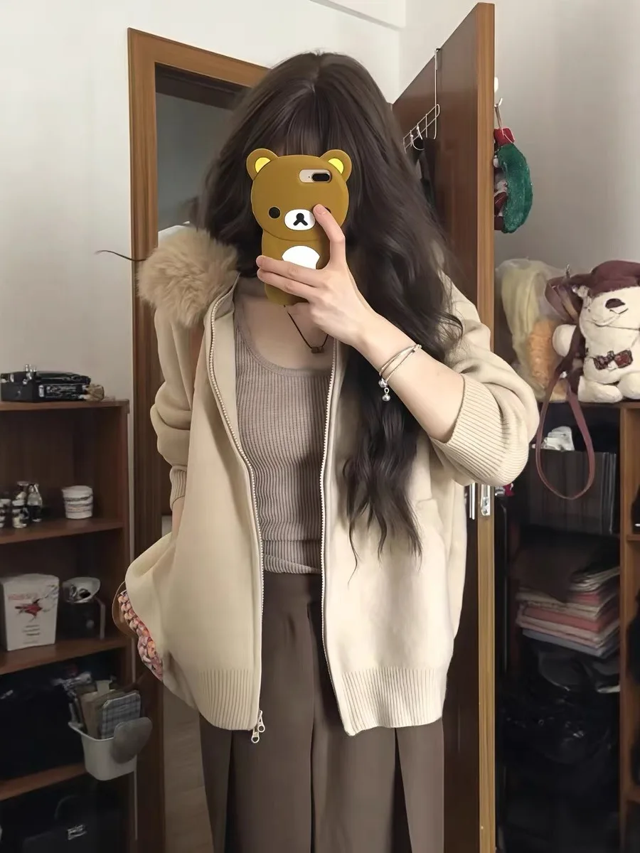 Coreano sle cáqui com capuz camisola de malha casaco feminino outono inverno macio aconchegante aberto cardigan grande gola de pele preguiçoso faion