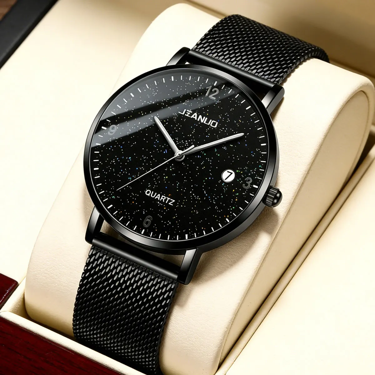 Fashion and Simple Men's Watch Ultra-Thin Starry Sky Calendar Luminous Quartz Watch Men's Milan Mesh Belt Watch
