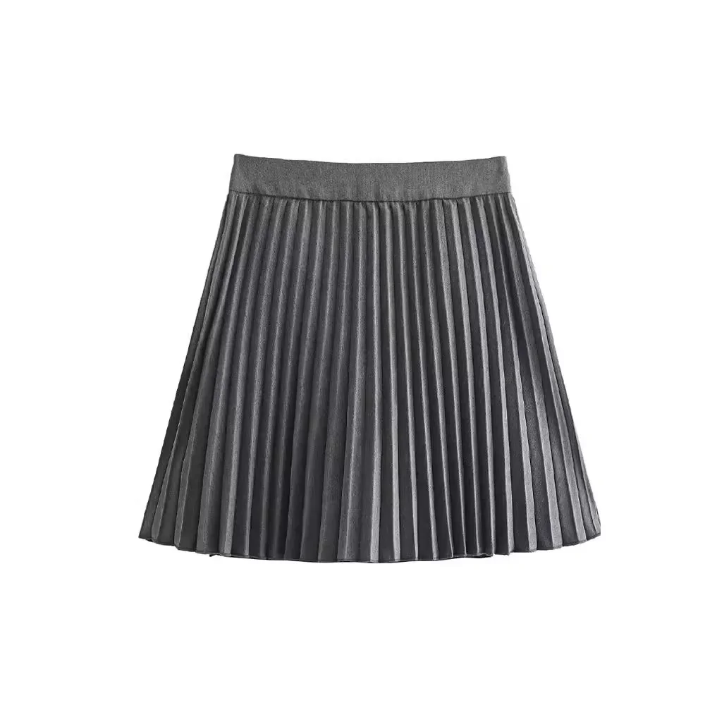 Nueva moda mujer cintura alta plisada Color sólido media longitud falda elástica promociones señora negro
