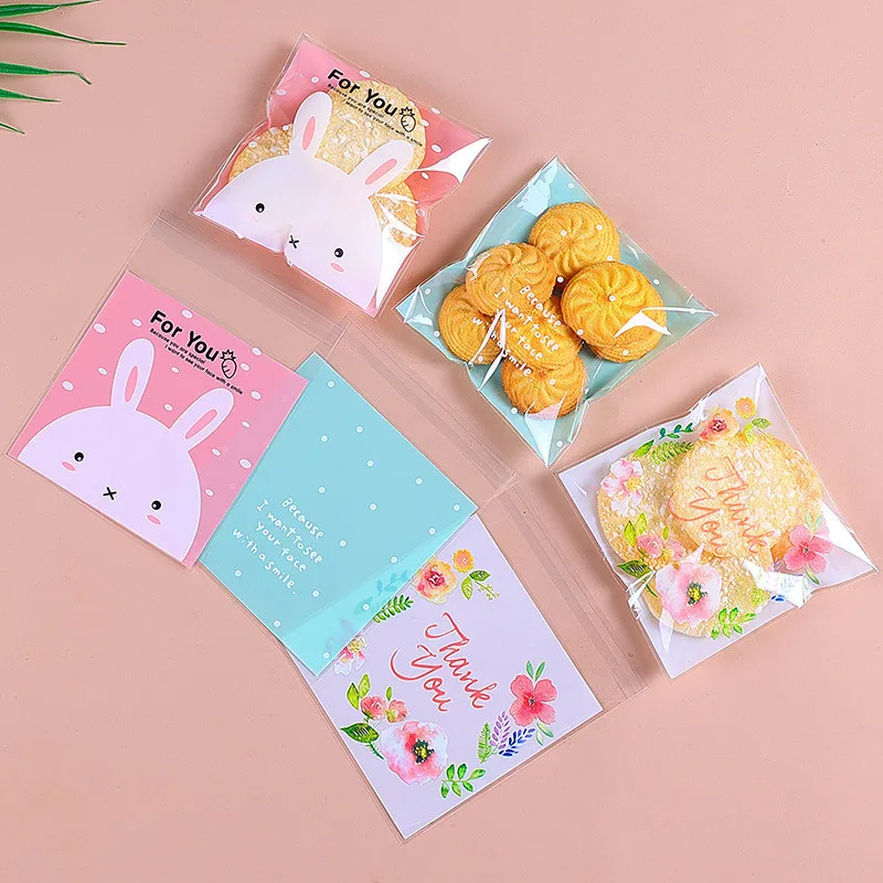 100 Pcs 14x14+3cm Cartoon Animal Flower Lace Printed Plastic Bags Cookie Snack Baking Self Stick Package