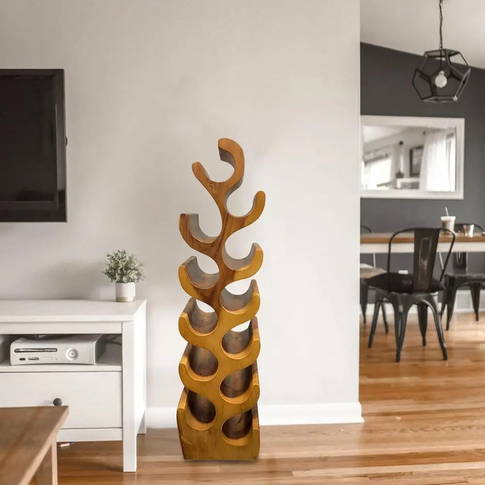 12本用ナチュラルタンウッドワインラック、10.2x7.1x39.4インチ、素朴な床置きまたはカウンター置き型ホルダー、ホームバー用