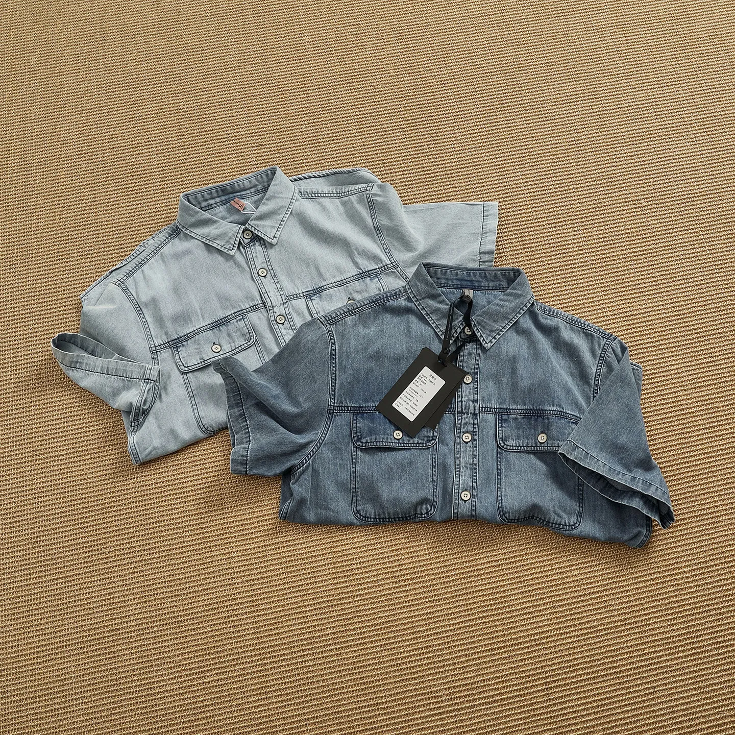 Summer new pure cotton retro aged washed denim short-sleeved shirt men's double pocket work shirt
