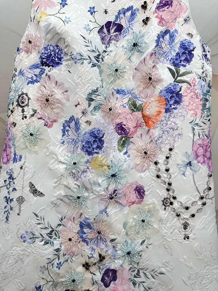 Chinese Style Heavy Industry Bead Diamond Print Party Dress Round Neck Sleeveless Elegant Socialite Tank Mini Dress Women Summer