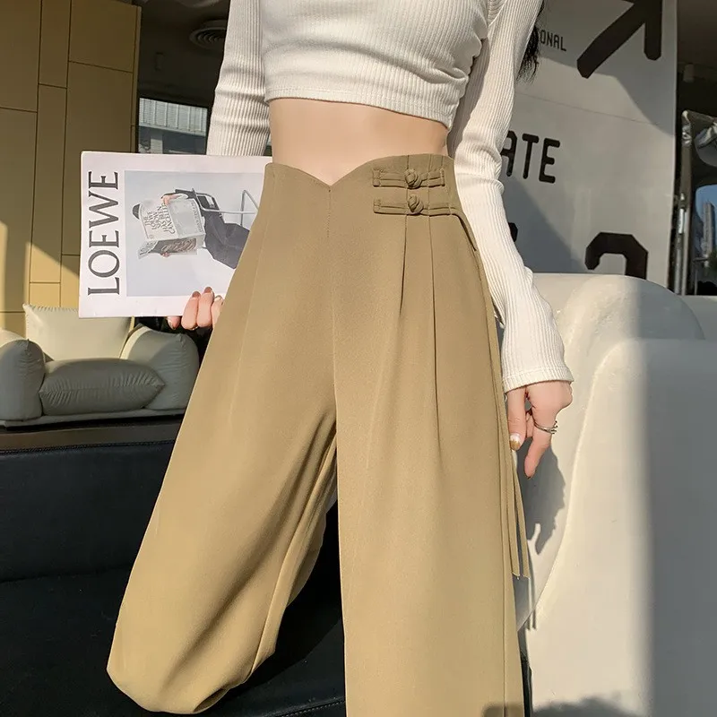 Khaki Straight Leg Casual Suit Pants Women's New Chinese Sle Buttoned Drape Small Size Autumn Wide Leg Trousers