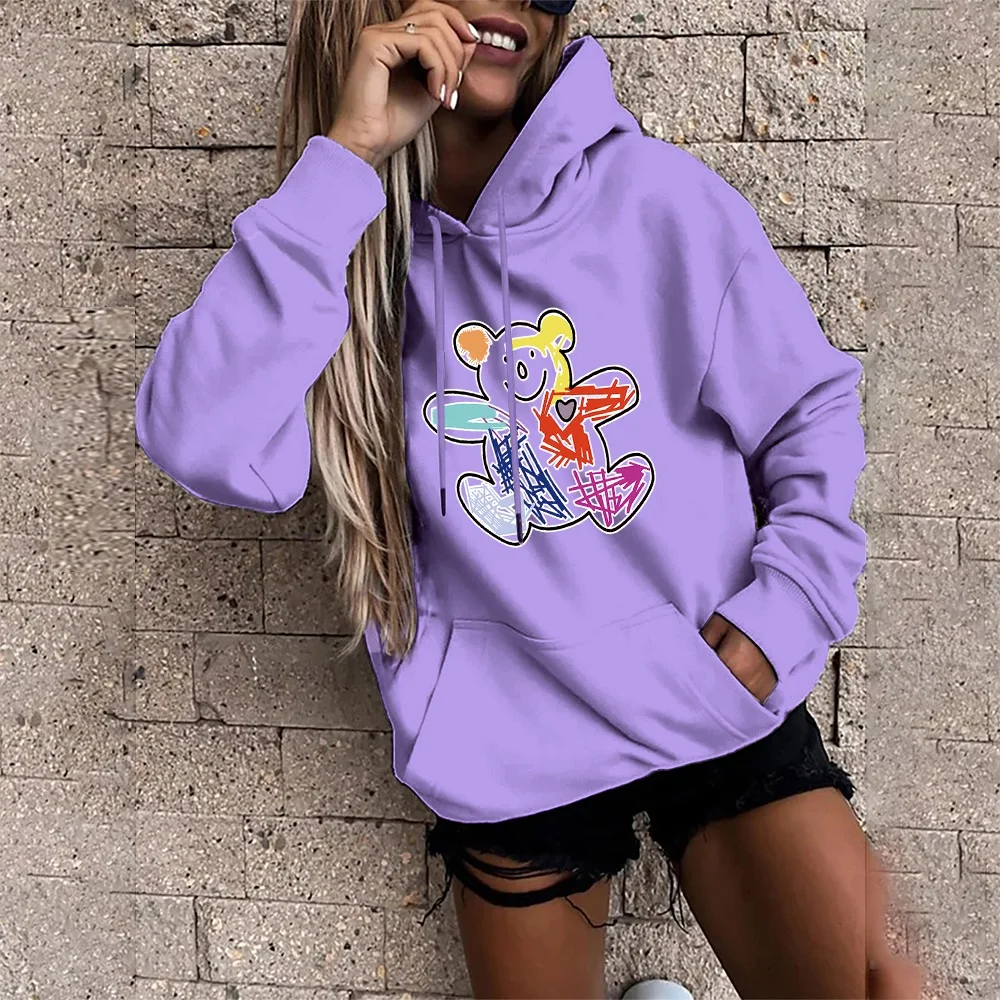 2022 hoodie moda feminina de manga comprida bonito urso imprimir topo solto bolso moletom meninas roupas wear pulôver esportes hoodies