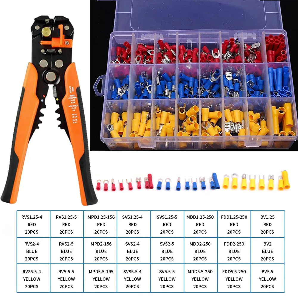 400PCS Insulated Cable Connector Electrical Wire Crimp Spade Butt Ring Fork Set Ring Lugs Rolled Terminals + Wire Stripper Tool