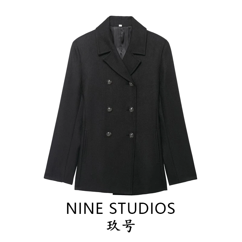 

NINE ZAR Women's Wool Blend Double-breasted Coat Jaet Top 847539 European Sle Long Sve Casual Faion Women's Suit