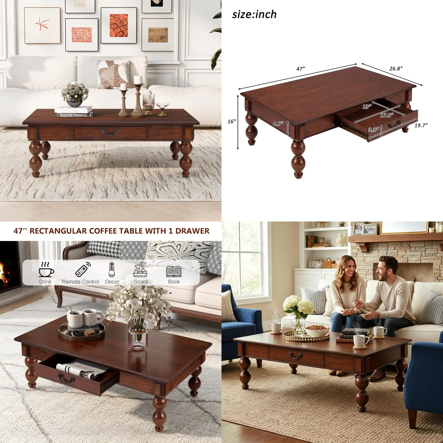 

Vintage Coffee Table with Drawer 47in Storage Solid Wood Legs Living Room Apartment No Assembly Walnut, Customized