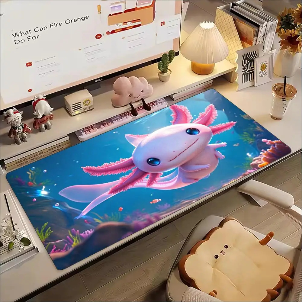 Pink Axolotl Underwater Coral Extra Large Gaming Mouse Pad XXL Desk Mat Non Slip Rubber Base Stitched Edge for Aquatic Fans