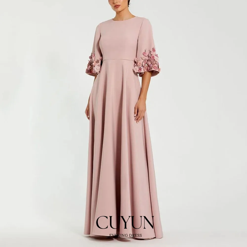 

CUYUN Customized A-Line Prom Dresses Floor-Length O-Neck Half Sleeve Evening Gown Luxury Flowers Simple Draped Casual Party Gown
