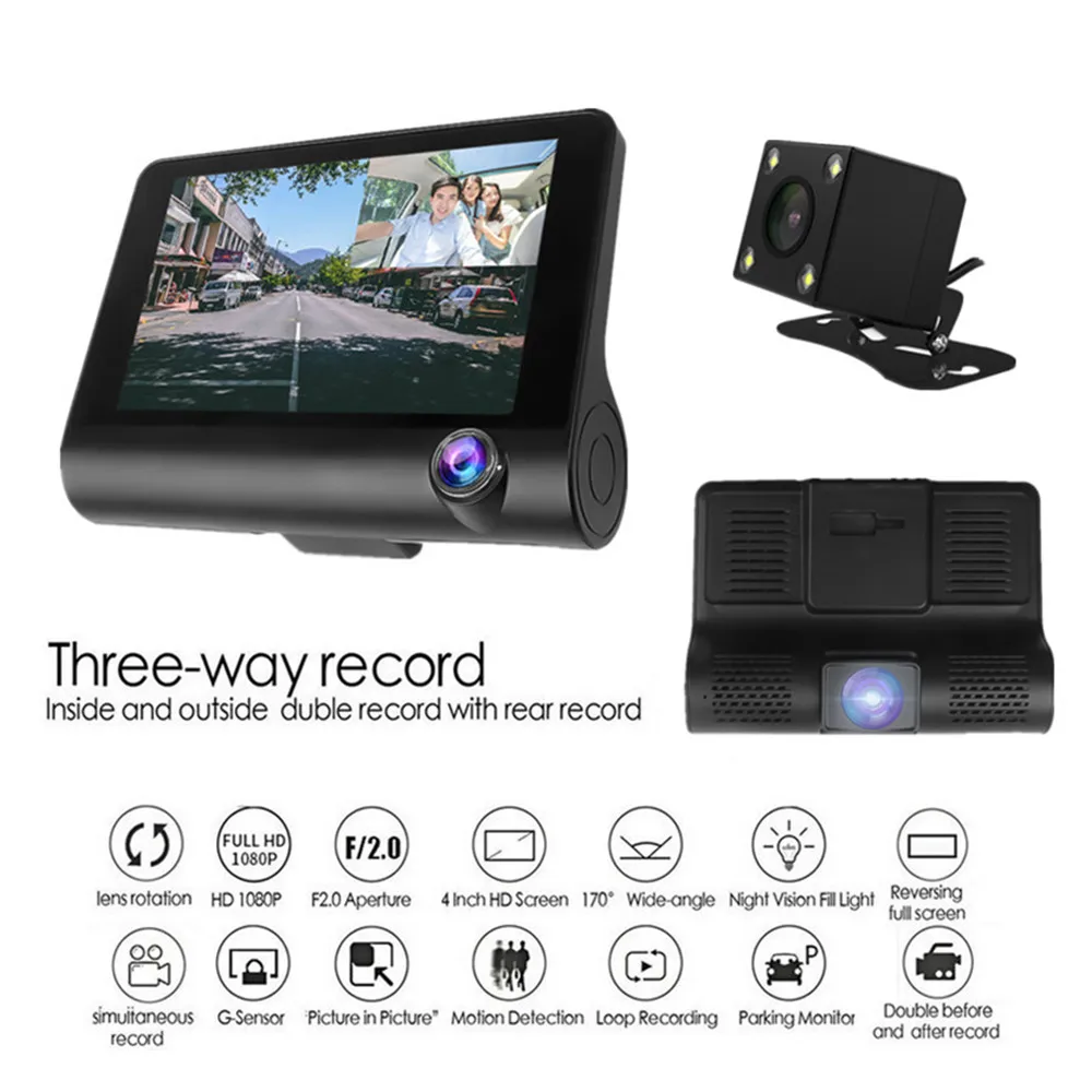 3ch Cameras Car DVR 4.0'' HD 1080P Dual Lens Driving Recorder with Rear View Camera 170 Wide Angle Video Recorder G-sensor