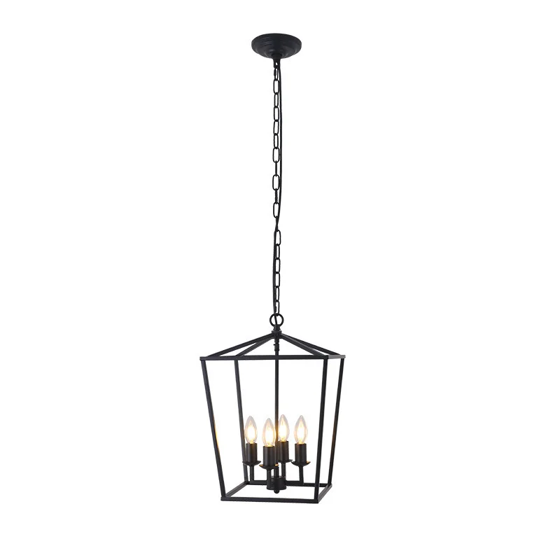4-Light Lantern Chandelier Industrial Metal Adjustable Height Pendant Light, Rustic Black Hanging Light for Island Farmhouse