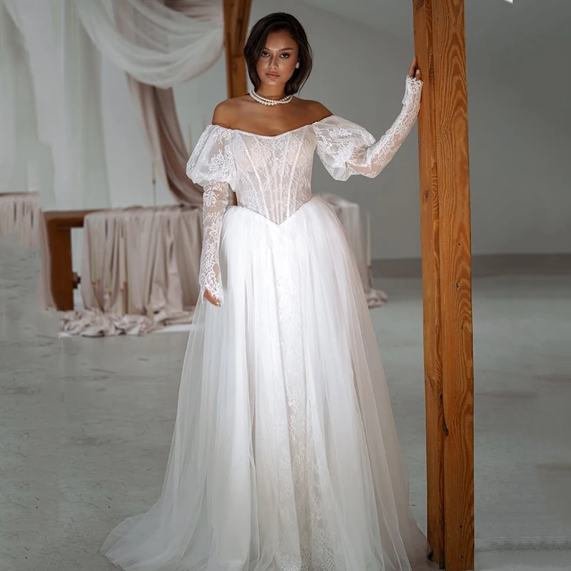 

Eightree Elegant A-Line Wedding Dresses Off The Shoulder Long Sleeves Bridal Dress Princess Wedding Ball Prom Gowns Customized