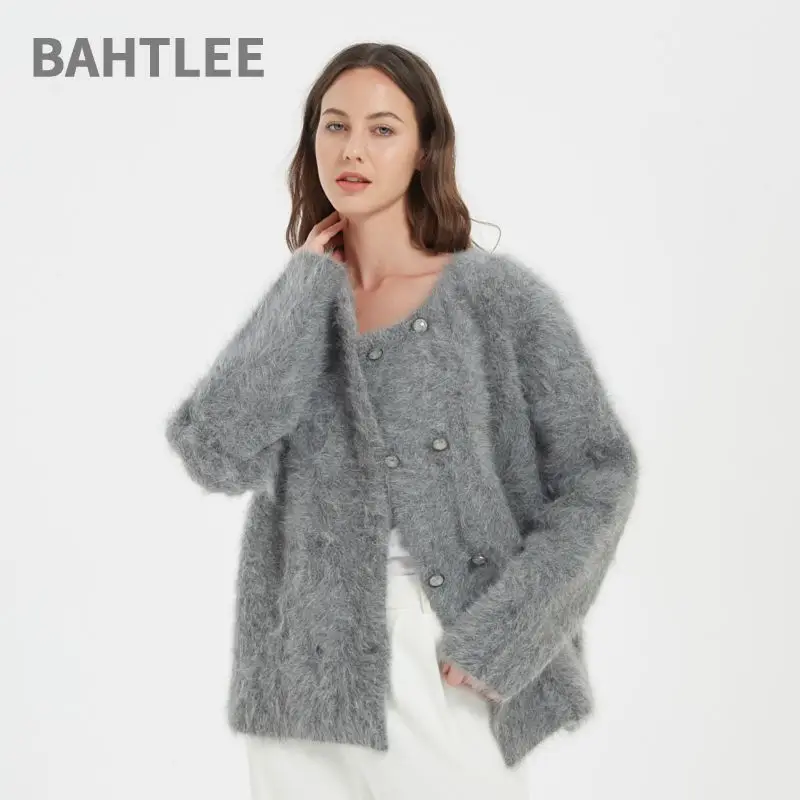 

BAHTLEE-Women's Angora Knitted Cardigans, Double-Breasted Sweater, Wool Coat, Long Sleeves, O-Neck, Winter