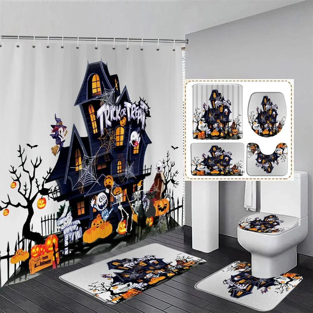 Halloween Shower Curtain Sets with Rugs Toilet Lid Cover and Mat Haunted House Pumpkin Shower Curtains with Hooks Bathroom Decor