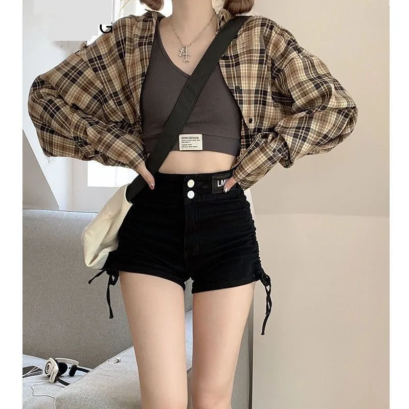 Women\'s Summer New Tracksuit Matching Set Korean Vintage Plaid Sunscreen Long Sleeve Shirt+suspender+denim Shorts 3 Piece Suit