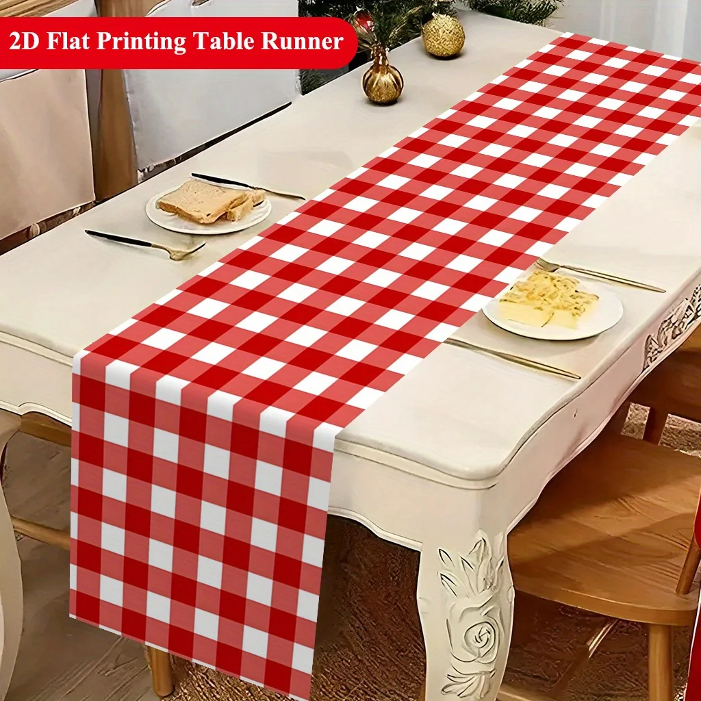 Classic Red and White Plaid Pattern Table Runner - Retro Gingham Check Motif Decoration for Holiday Kitchen Dining Home Party