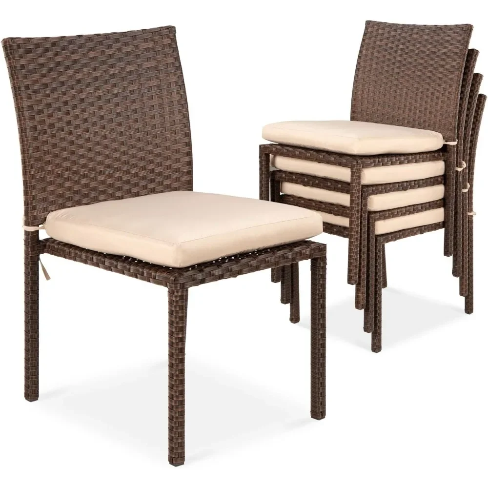 A Set of 4 Stackable Outdoor Terrace Wicker Chairs with Soft Cushions, UV Resistant Finish, and Steel Frame - Brown/cream