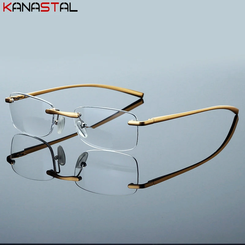 Men Rimless Reading Glasses Prescription Lenses Presbyopic Eyewear Women Blue Light Blocking Lenses Al-Mg Eyeglasses Frame