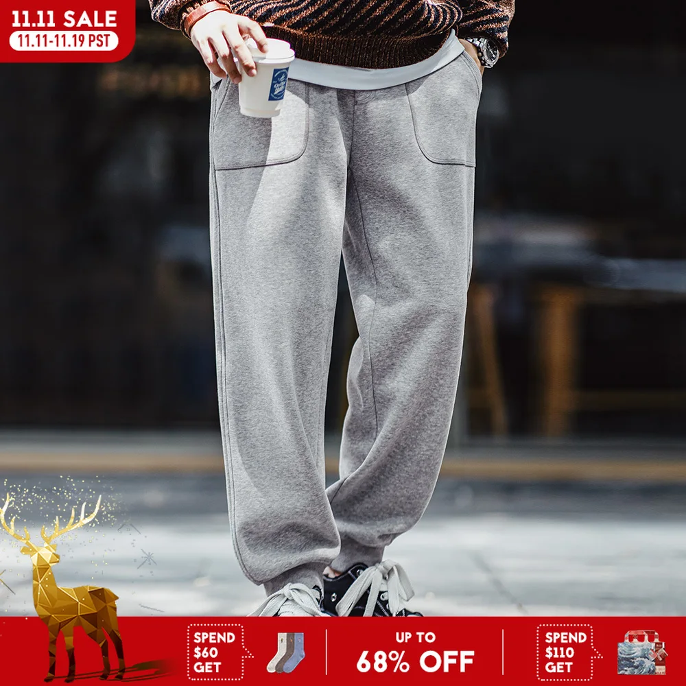 Maden Retro Fleece Sweatpants Solid  Sporty Casual with Elastic Waist Tapered Pants for Men's Autumn and Winter Warm Trousers