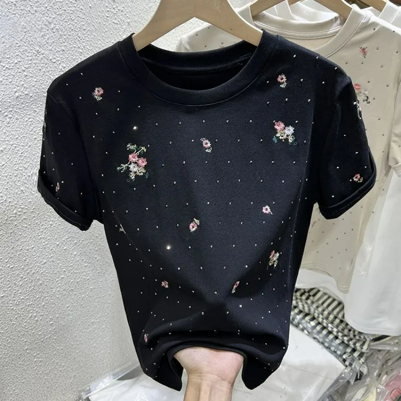 Chinese Style Floral Embroidery Rhinestones Short-sleeved T-shirt Women's 2024 Summer New Chic Versatile Elegant Top