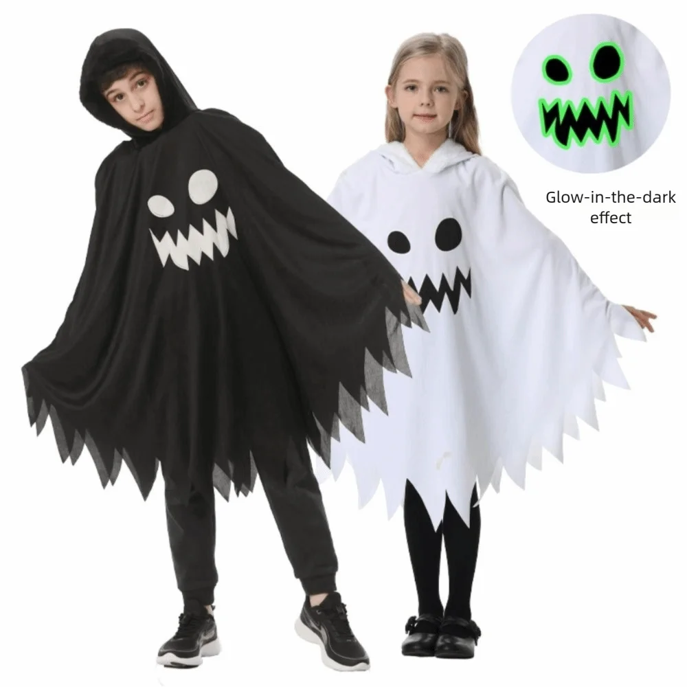 

White Black Halloween Costume Ghost Face Design Glow in the Dark Luminous Cloak Cape Shawl Pumpkin Suit Party Dress-Up Costume