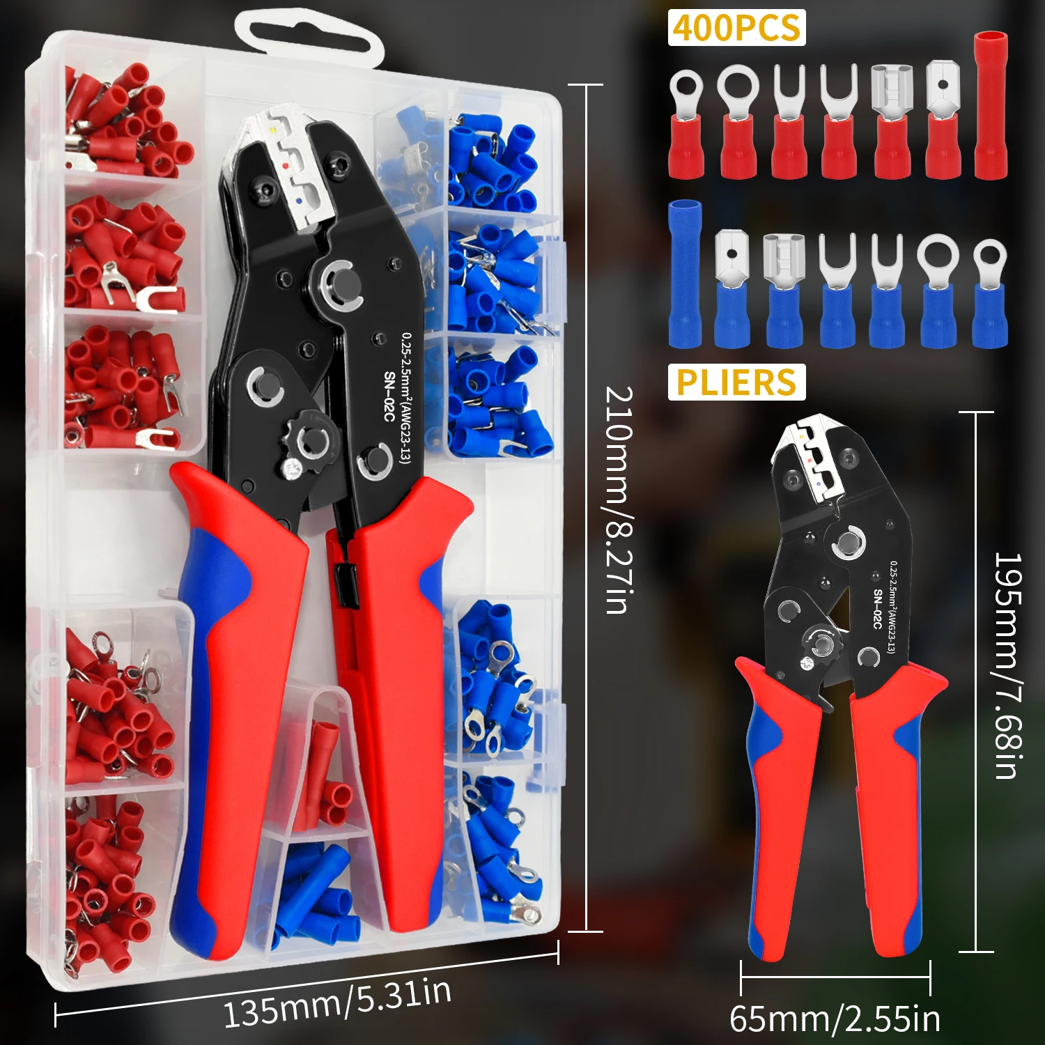 SN-02C 400PCS Crimping Tool Set Insulated Wire Versatile Electrical Connectors Ring Spade Terminals Cable Lugs Assortment Kit