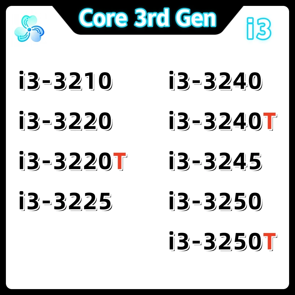 3rd Gen Processor Core i3-3210 i3-3220 i3-3220T i3-3225 i3-3240 i3-3240T i3-3245 i3-3250 i3-3250T LGA1155 Ivy Bridge CPU