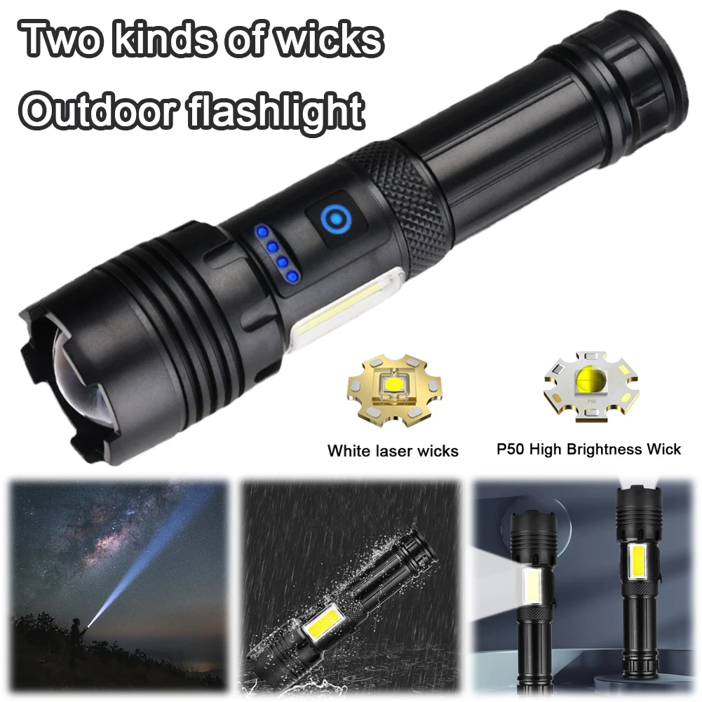 High Power LED Flashlight USB Rechargeable 3 Modes Outdoor Camping Lantern White Lasers Flashlight for Outdoor Fishing Adventure