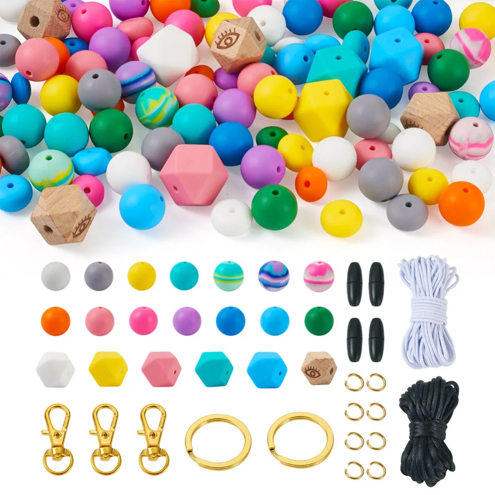 

1Set DIY Keychain Bracelet Making Kit Including Silicone Hexagon Round Abacus Bead Key Rings Lobster Claw Clasp Elastic Thread