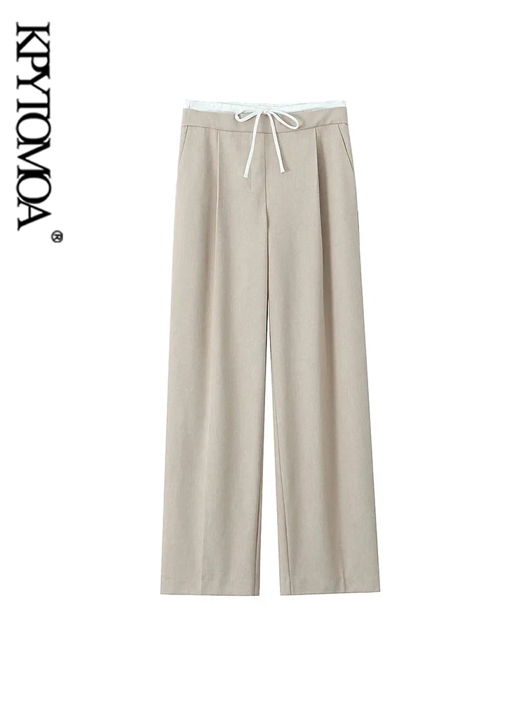 KPYTOMOA Women Double Waistband Wide Leg Pants High Elastic Waist With Drawstring Side Pockets Female Trousers Chic Fashion