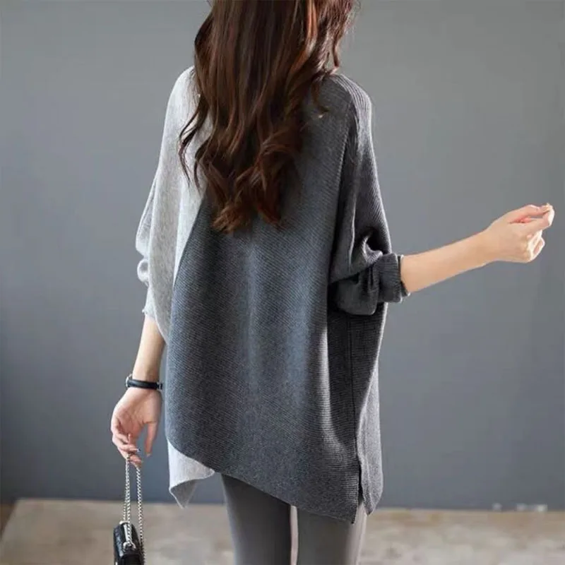 Korean Button Solid Color Spliced Sweaters Casual Autumn Irregular Fashion Batwing Sleeve Loose Knitted Jumpers Women\'s Clothing