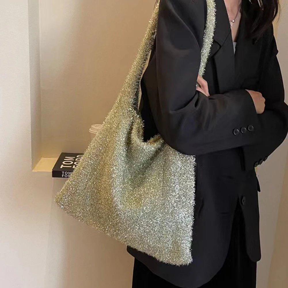 Y2K Вязаная Женская Сумка-тоут С Золотой Нитью, Красивая Художественная Высококачественная Сумка Через Плечо В Стиле Бохо