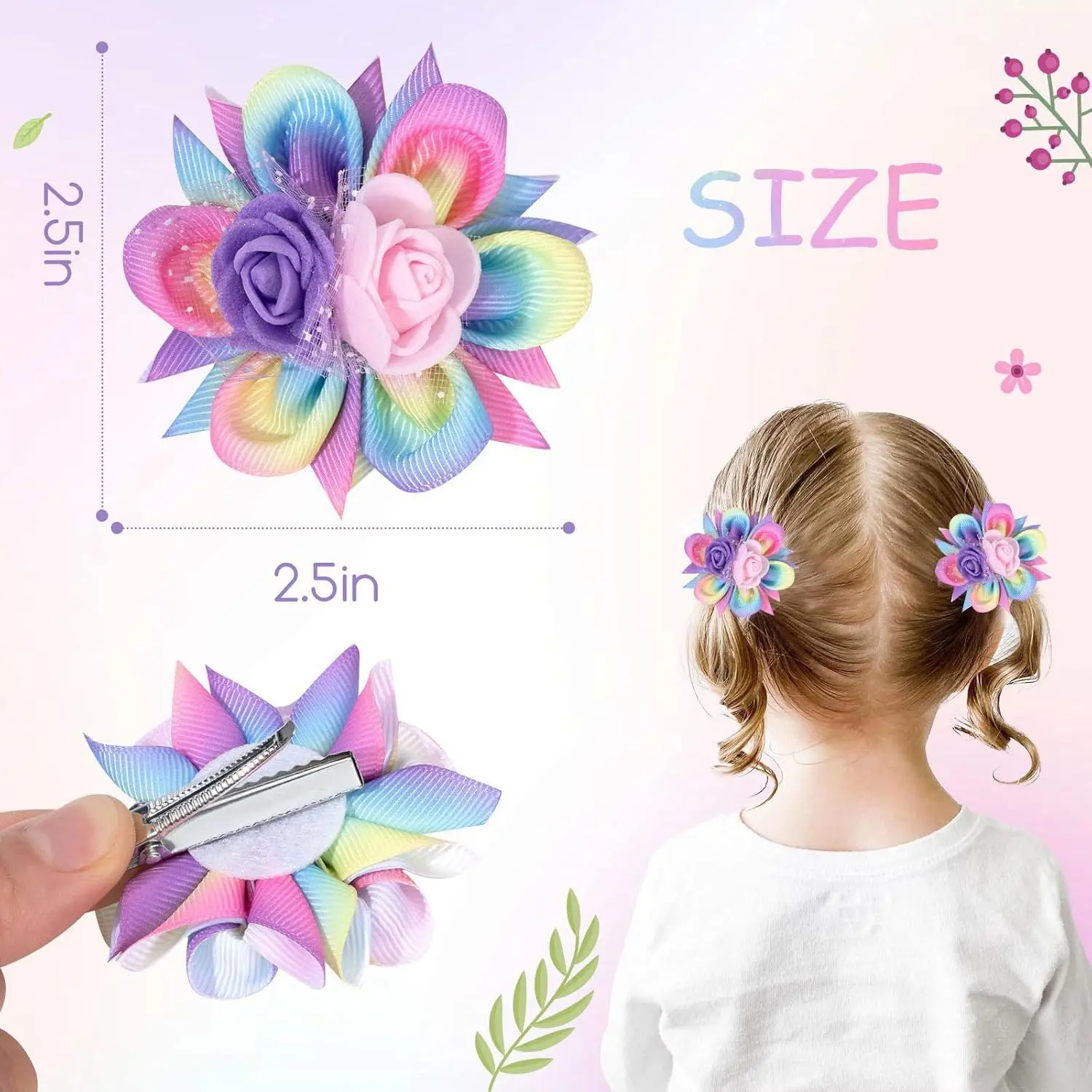 1 Paar Haarspangen mit Farbverlauf für Mädchen, Regenbogen-Blumen, dreidimensionaler Stoff-Haarschmuck, niedliche Seitenklammern, Kinder-Haarspange – Detail 3