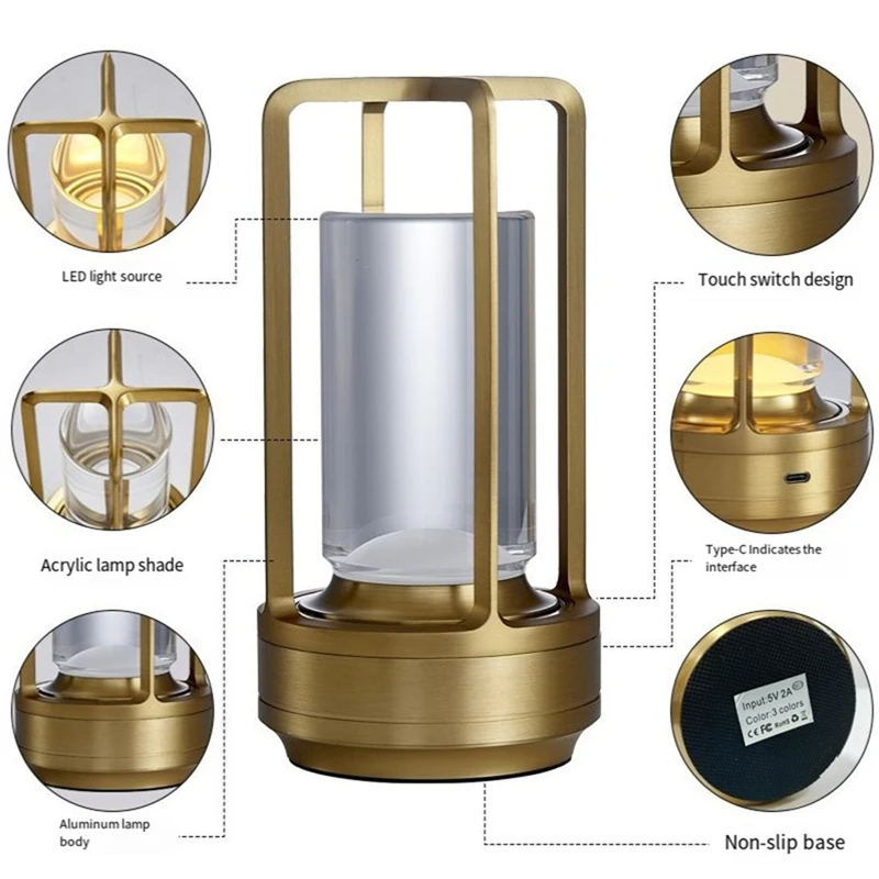 AB46-LED Table Lamp Rechargeable Touch Night Light Bedroom Bedside Table Lamp Restaurant Decorative Lamp