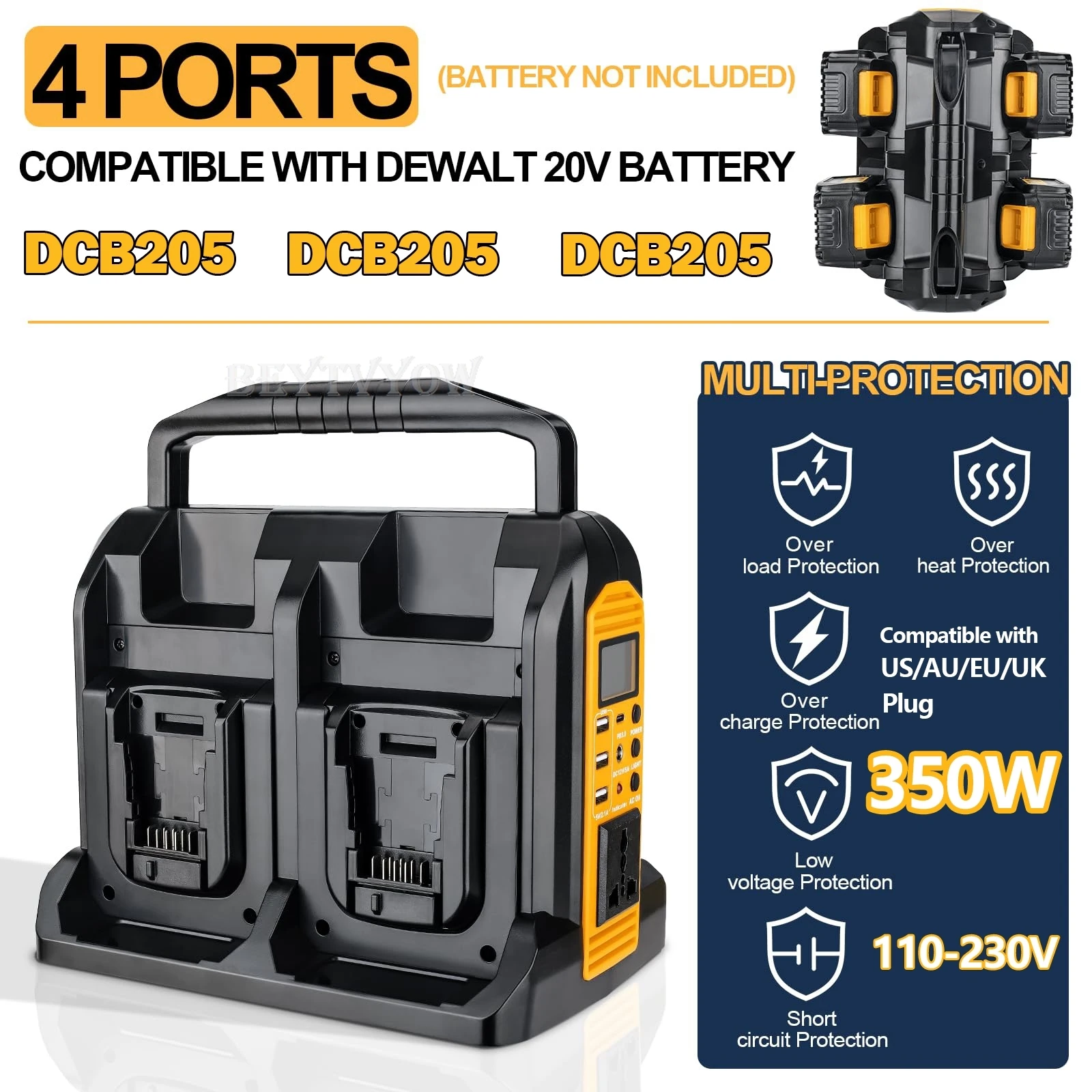 

Мощный инвертор 350 Вт для аккумулятора DeWalt 20 В 60 В, 4-портовой инвертор DC 20 В до AC 120V/220-230V Pure Sine Wave Inverter с 3 USB-A & 1-USB-C-портом, 300-литровый светодиодный свет для активности на открытом воздухе US/AU/EU/UK Plug DCB208 DCB204 