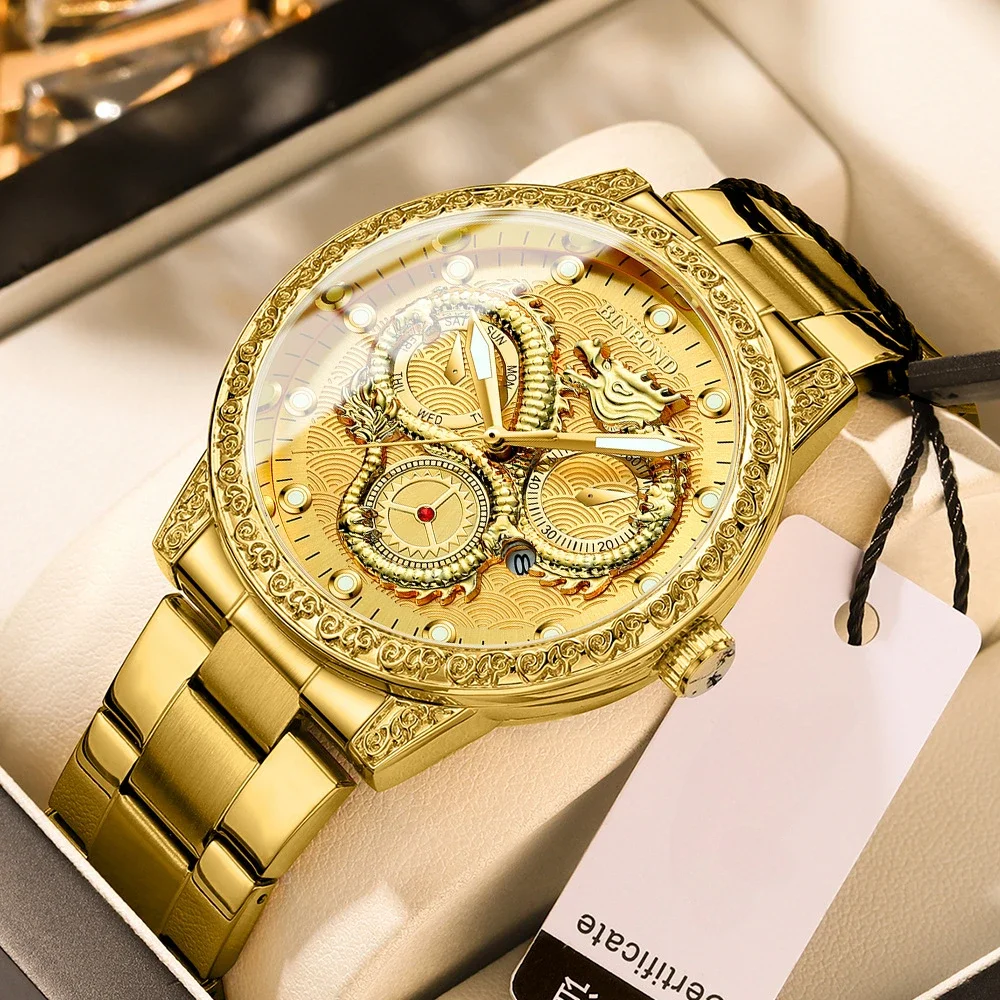 BINBOND popular luxury gold embossed watch men's watch men's three eyed dragon night light waterproof quartz watch