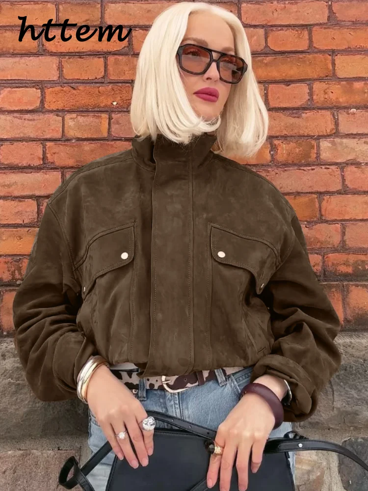 

Street Women's Short Suede Bomber Jacket Stand Collar Zipper Long Sleeve Pockets Coats 2025 Spring Lady Vintage Commute Outwear